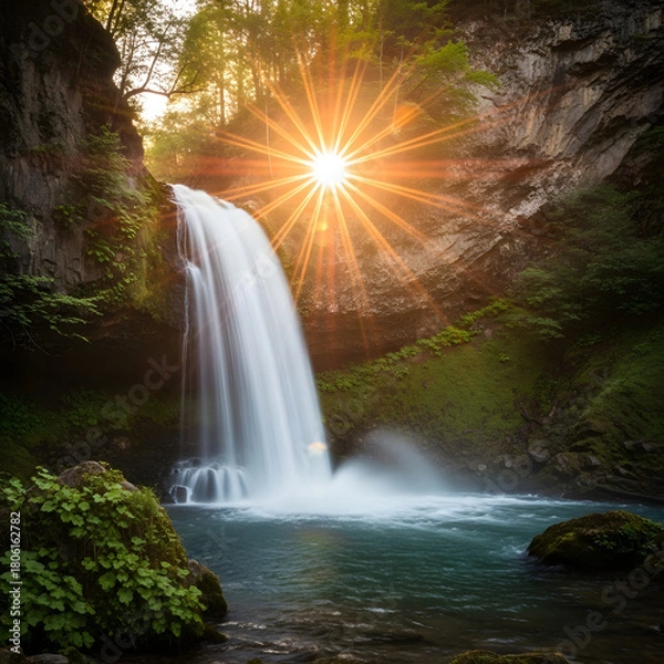 Fototapeta Sun-Drenched Waterfall with Dramatic Light Rays