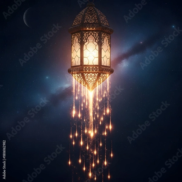 Fototapeta Glowing Ornate Arabian Lantern Under a Crescent Moon