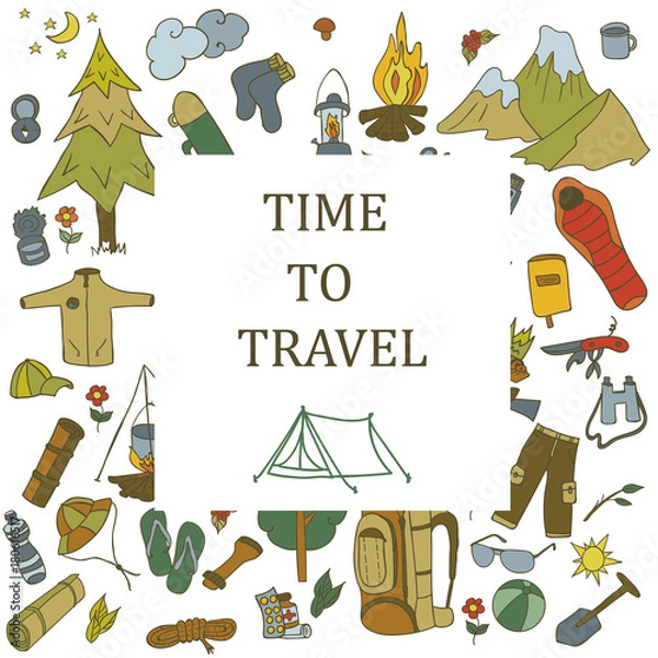 Obraz Set of hand drawn sketch camping equipment symbols and icons. Vector illustration.