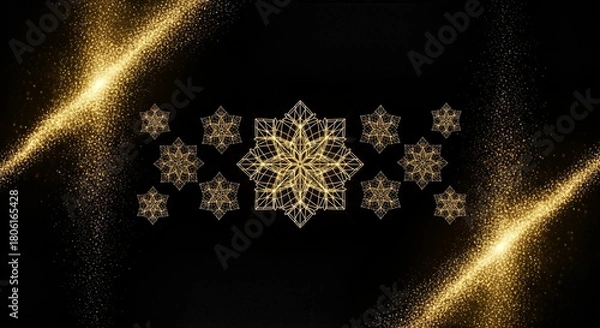 Fototapeta Elegant Golden Snowflakes on Black Background with Glittering Accents.