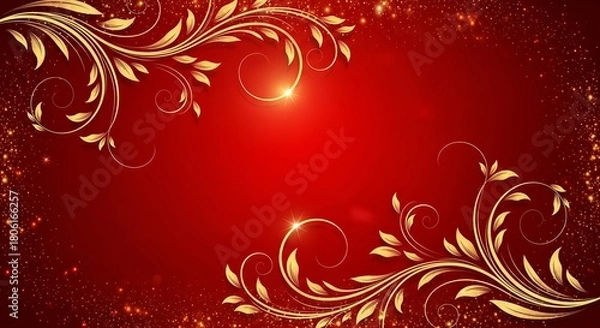 Obraz Elegant Red Background with Golden Floral Ornaments for Festive Occasions.