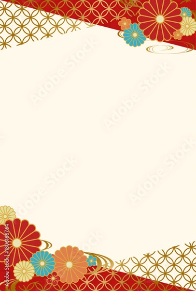 Obraz 和柄と菊の花の背景フレーム　赤　金　縦