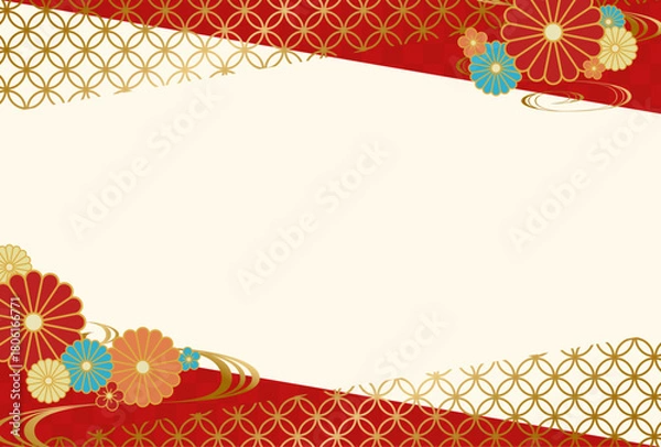 Obraz 和柄と菊の花の背景フレーム赤　金