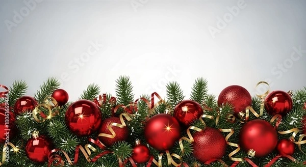 Fototapeta Festive Christmas Garland with Red Ornaments and Gold Ribbons.