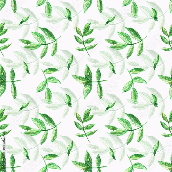 Obraz Seamless pattern with voluminous rosehip leaves on a white background. Perfect for wallpaper, gift paper, pattern fill, summer greeting cards