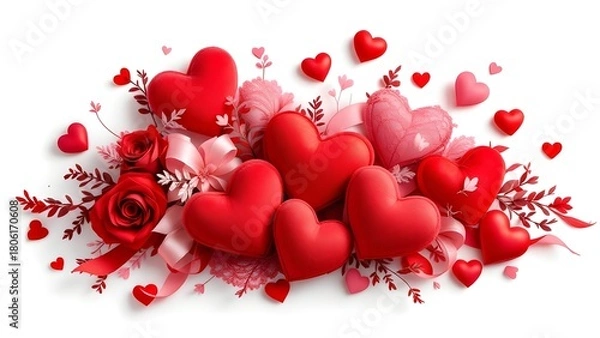 Obraz Valentine's Day Hearts and Roses, isolated on transparent background