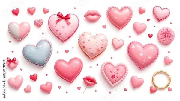 Obraz Valentine's Day Hearts and Lips 3d rendered, isolated on transparent background
