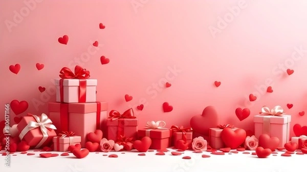 Obraz Valentine's Day Gifts and Hearts 3d rendered, isolated on transparent background
