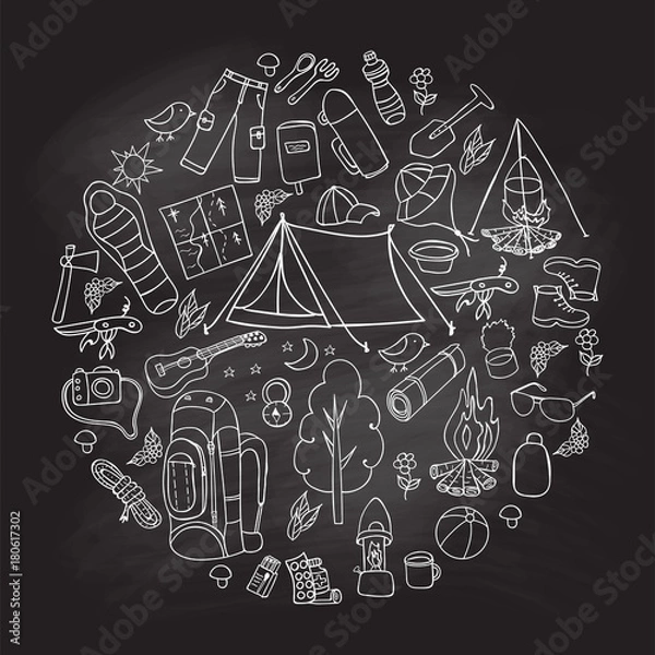 Fototapeta Set of hand drawn sketch camping equipment symbols and icons whis Chalkboard Effect. Vector illustration.