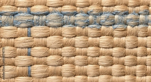 Fototapeta Close up of a woven jute rug with blue stripes, showing the texture and pattern of the natural fiber material for home decor
