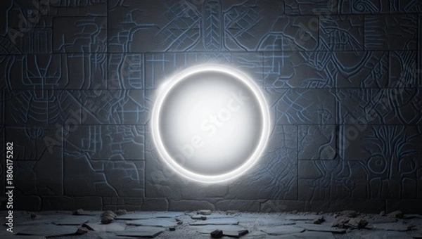 Obraz Futuristic Neon Portal in Ancient Stone Wall