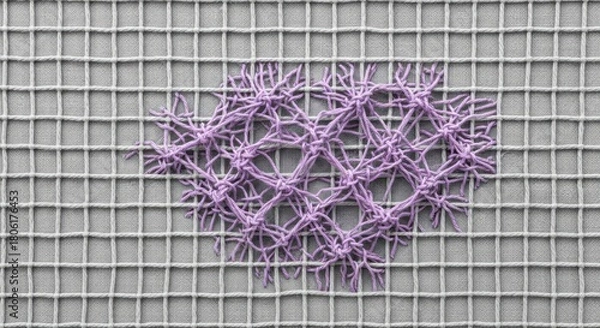Fototapeta Closeup of a purple latch hook rug, showcasing the intricate knotting and texture of the yarn isolated on white background