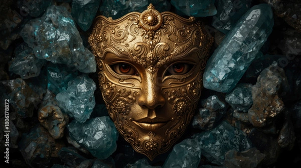 Obraz Detailed side-profile close-up of a luxurious mask or face sculpture made of filigree gold, encrusted with brilliant diamonds, rubies, and sapphires.