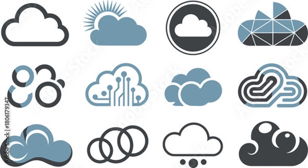 Obraz Twelve Cloud Icon Variations Modern, Geometric, Weather Related, Cloud Computing and Network Designs