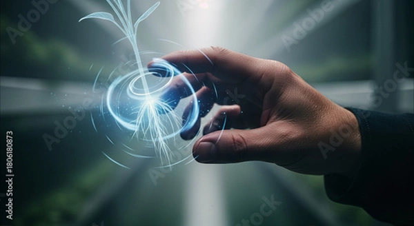 Fototapeta TIGHT CLOSE-UP of Farmer's Hand Gently Rotating a Glowing, Translucent Holographic Model of a Plant Root System