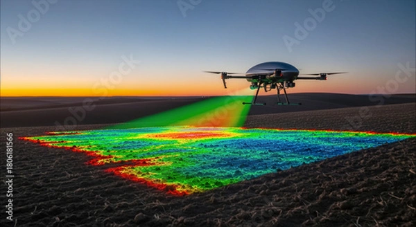 Fototapeta Medium Shot Tracking Right Following a Field Drone Projecting a Giant 3D Color-Coded Health Map over the Soil