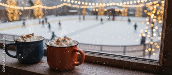 Obraz Two mugs of hot cocoa on window sill with skating rink background  