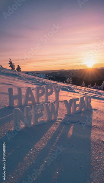 Fototapeta Happy New Year text in snow at sunrise in winter landscape  