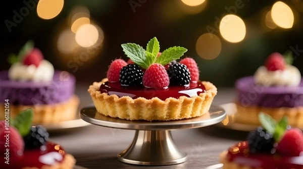 Fototapeta Luxury Berry Tart with glossy raspberry glaze and topped with fresh raspberries, blackberries, and mint leaves  close Up on Metal Stand - bokeh lights in background