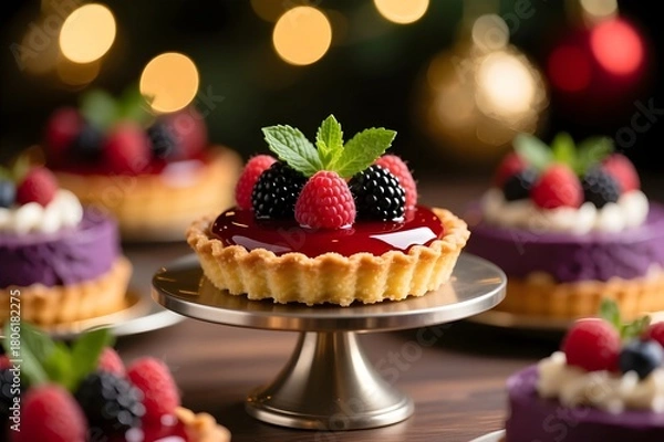 Fototapeta Elegant Berry Tart with glossy raspberry glaze and topped with fresh raspberries, blackberries, and mint leaves  close Up on Metal Stand - bokeh lights in background