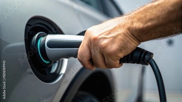 Obraz A hand connecting an electric vehicle charger to a car, highlighting the process of charging an electric vehicle.