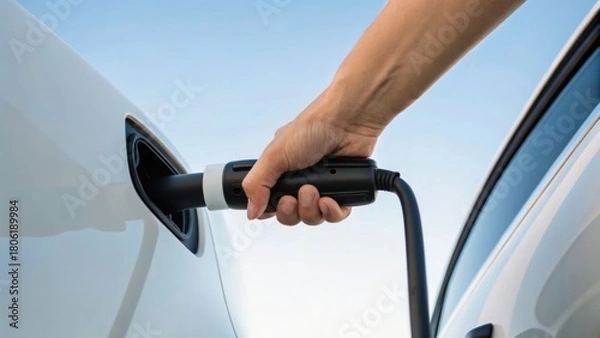 Obraz A hand connects a charging cable to an electric vehicle, symbolizing the transition to sustainable energy and transportation.