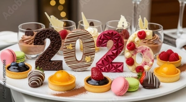 Fototapeta Sweet 2026 New Year celebration featuring gourmet chocolate numbers, mini tarts, macarons, and mousse desserts for a festive holiday gathering