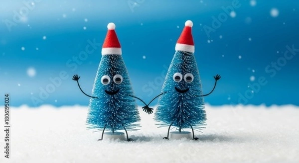 Fototapeta Two christmas tree figures holding hands in a snowy scene with falling snow and blue background