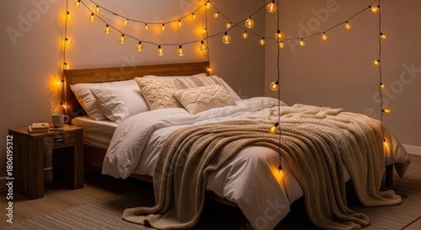 Fototapeta Cozy bedroom retreat with warm fairy lights creating a peaceful atmosphere for relaxation and restful sleep or adding a touch of magic to a child's room