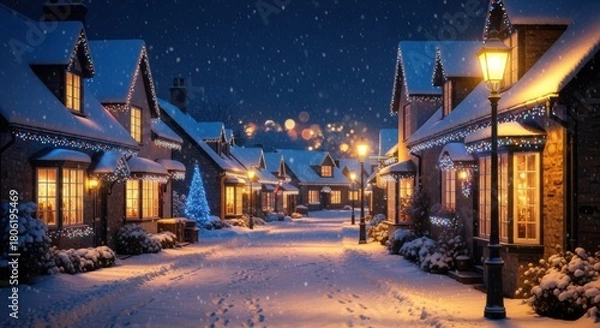 Fototapeta Enchanting winter wonderland scene with snow covered cottages glowing with festive lights, creating a magical Christmas holiday mood and cozy atmosphere