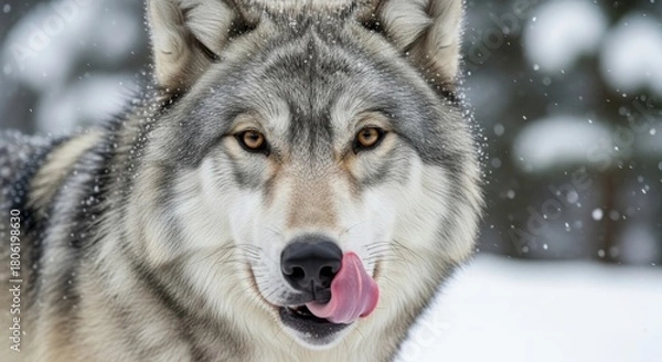 Fototapeta Close up of a gray wolf licking its nose in a snowy environment looking directly at the camera view