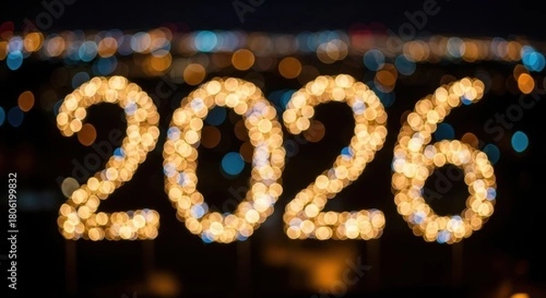 Fototapeta Celebrate 2026 New Year with vibrant golden light display against city skyline, ushering in hope, prosperity, and joyful anticipation