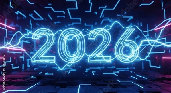 Obraz Electrifying 2026 concept for future technology, innovation, and predictions, symbolizing powerful advancements and new possibilities in a dynamic digital world