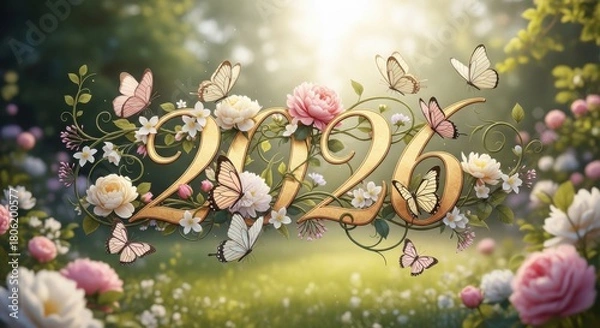 Fototapeta Welcome 2026 with elegant floral beauty and delicate butterflies, perfect for a fresh start and new beginnings in the coming year