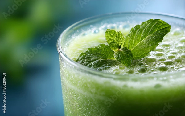Fototapeta Healthy Smoothie Close-up.——Close-up of a green smoothie glass, with blurred background, representing healthy drinks and an active lifestyle.