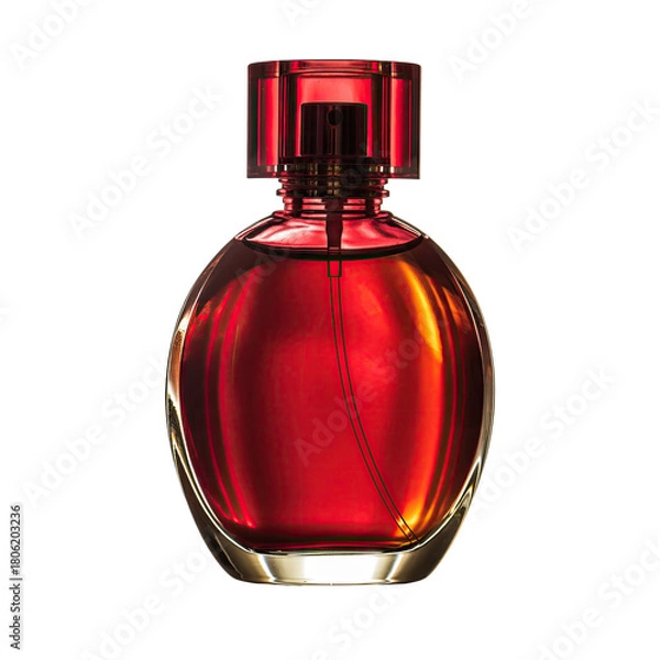 Fototapeta Elegant Red Perfume Bottle With Golden Accents and Subtle Reflections Set Against a Dark Backdrop With Dramatic Lighting