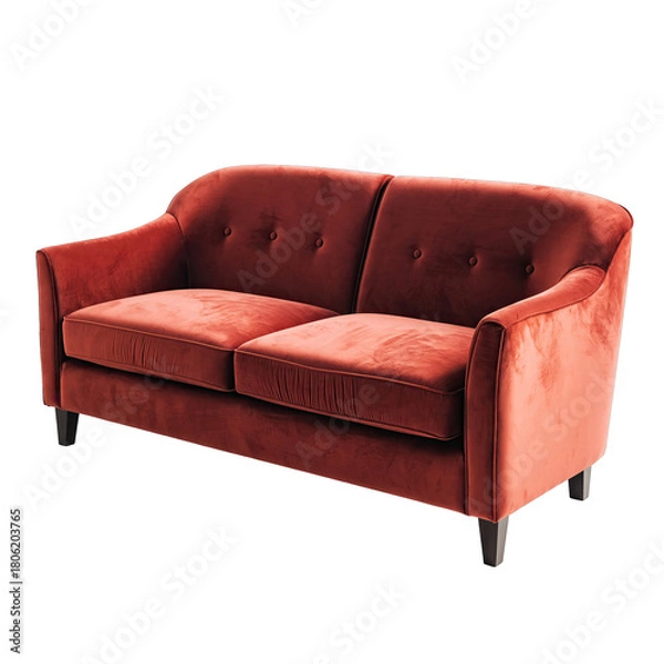 Obraz Elegant Red Velvet Tufted Sofa With Dark Wood Legs Isolated On A Transparent Background Displaying Plush Upholstery And Button Detailing In A Studio Setting