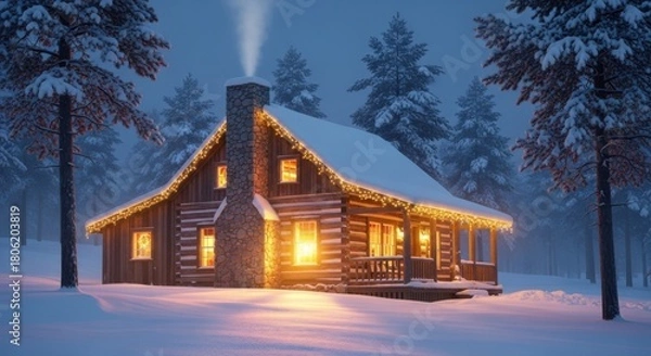 Obraz Dreamy winter cabin getaway with cozy lights glowing in the snowy woods, perfect for holiday promotions and enchanting seasonal campaigns