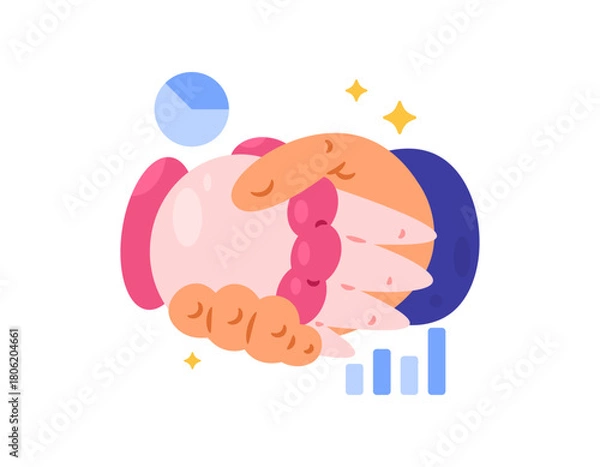 Obraz The concept of cooperation between humans and artificial intelligence. Humans and AI working together to develop technology. Illustration of a human hand and a robot hand shaking hands. Flat design