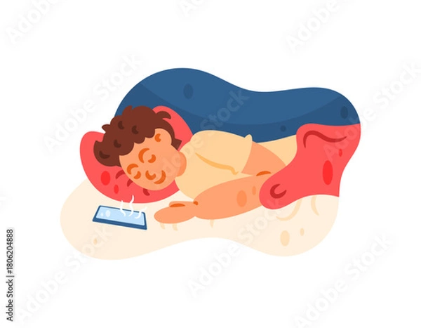 Fototapeta Illustration of a man sleeping while listening to music from his smartphone. Close to his phone while sleeping. Sleeping in bed. Activities and people. Flat style character design. White background.