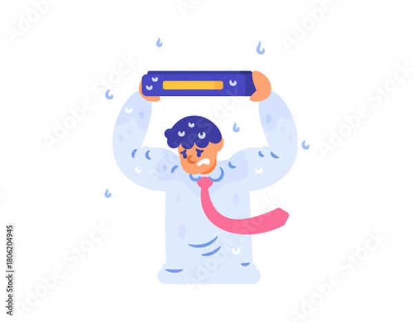 Fototapeta Illustration of a worker or employee caught in the rain. Using a briefcase as an umbrella. Protecting oneself from the rain using a briefcase. Flat style character design. White background.