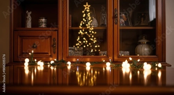 Obraz Warm Christmas spirit with glowing lights and a decorative tree on a vintage wooden hutch, bringing festive cheer to any home this holiday season