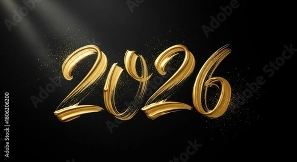 Obraz Stylish 2026 New Year design element with golden shimmer on black background, use it for invitations, cards, wallpapers, and festive banners