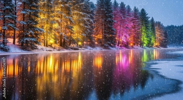 Fototapeta Enchanting winter wonderland scene with colorful lights reflecting on icy lake during a gentle snowfall for holiday marketing and seasonal campaigns