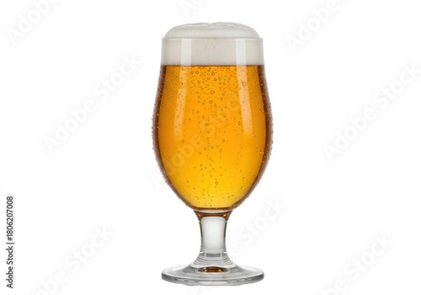 Fototapeta a close-up macro of a tulip weizen glass holding golden craft beer with creamy white foam and cold condensation, isolated on a transparent high-key studio background, concept for beverage