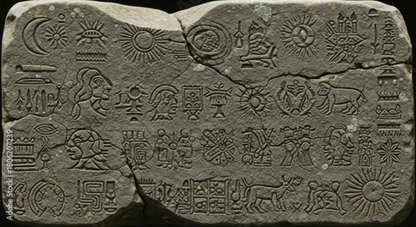 Obraz Ancient stone tablet with mysterious carvings and symbols evoking history and intrigue for educational content or historical design projects