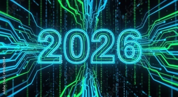 Obraz Exciting 2026 New Year countdown with futuristic neon lights and digital data streams for tech branding and innovative designs that pop