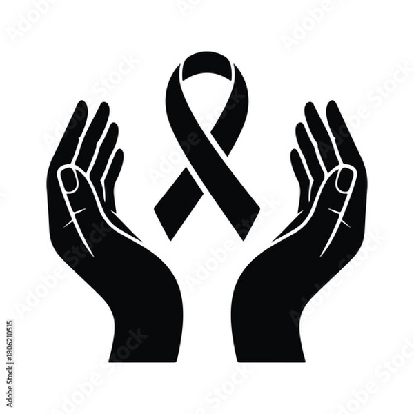 Fototapeta Symbol of Hope Awareness Ribbon Between Caring Hands Helping and Supporting Patient Health Recovering as Charity Icon Vector Illustration