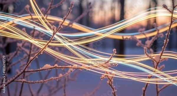 Fototapeta Magical winter wonderland with glowing light trails weaving through snow-covered branches creates a stunning ethereal scene, perfect for holiday themes