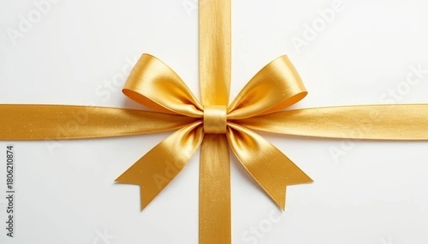 Fototapeta A white gift box with a shiny golden ribbon and bow on top. The box is neatly wrapped, creating an elegant appearance suitable for various occasions.